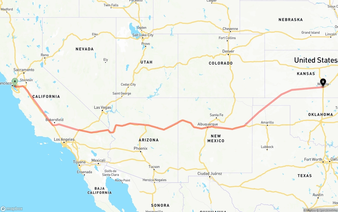 Shipping route from Oakland International Airport to Wichita