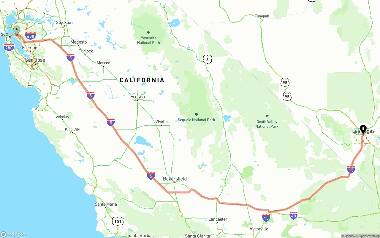 Shipping route from Oakland to Las Vegas