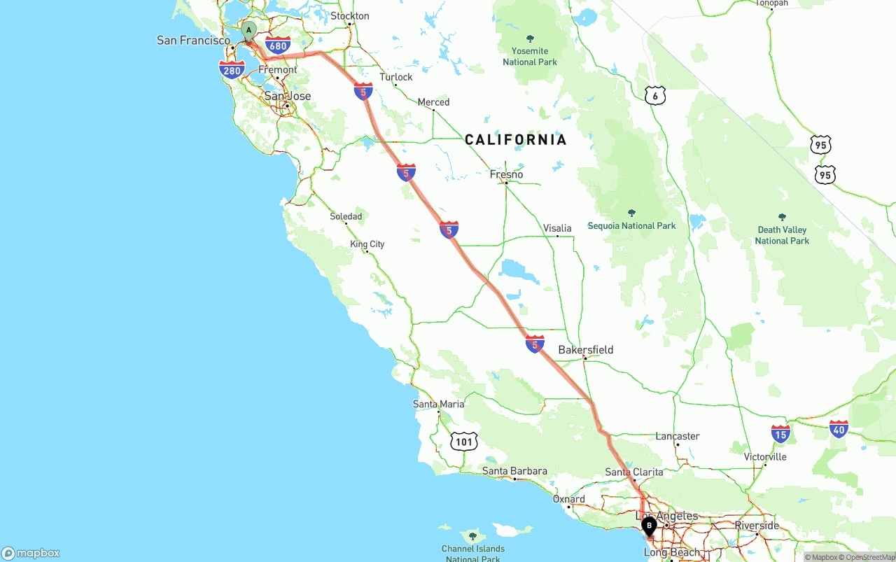 Shipping route from Oakland to Los Angeles International Airport