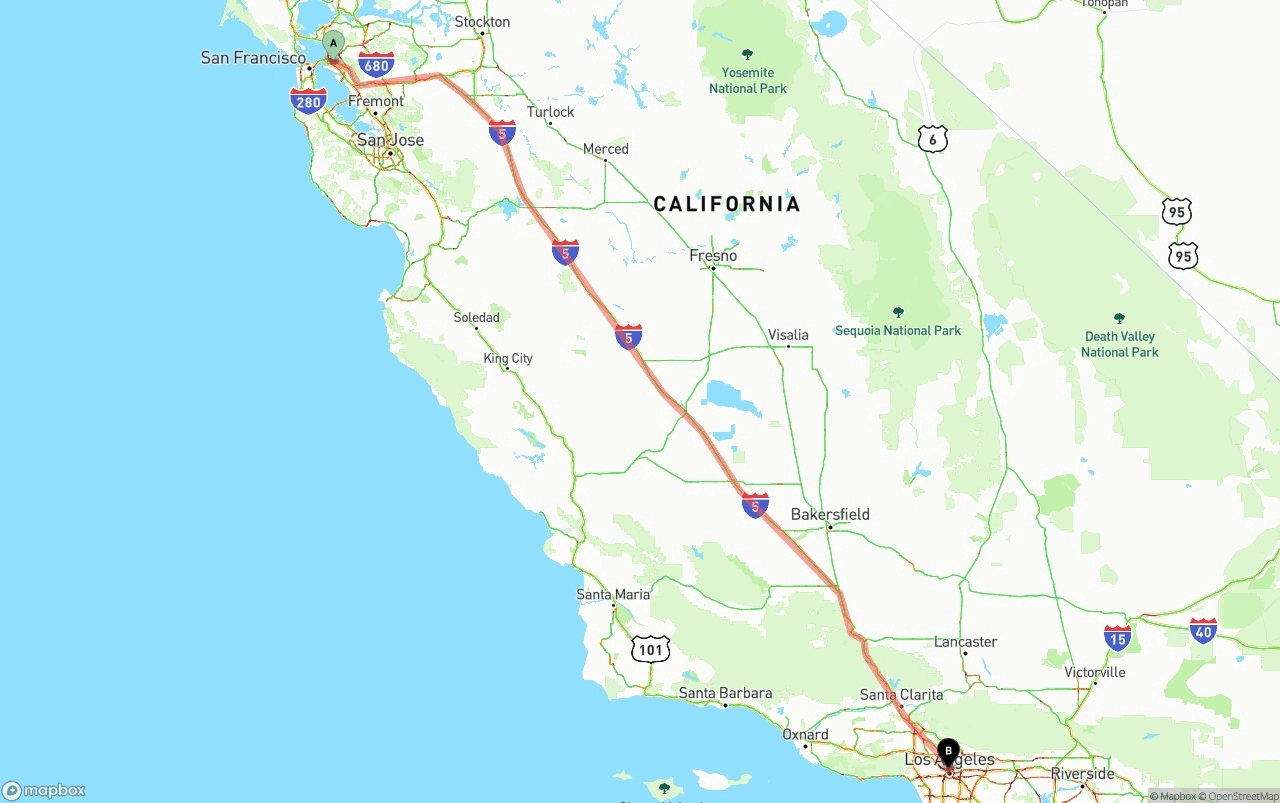 Shipping route from Oakland to Los Angeles