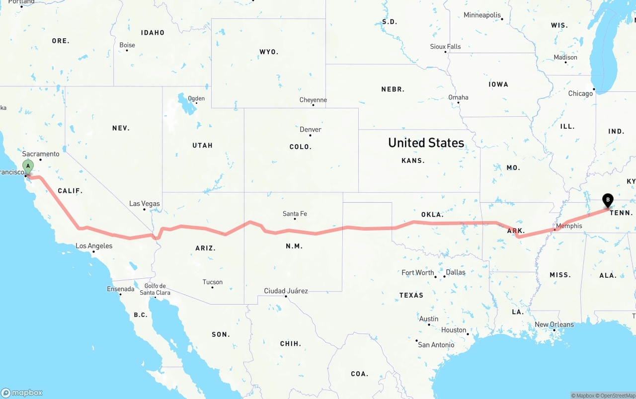 Shipping route from Oakland to Nashville