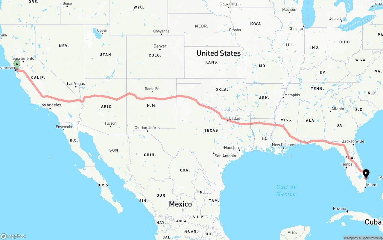 Shipping route from Oakland to Palm Beach International Airport