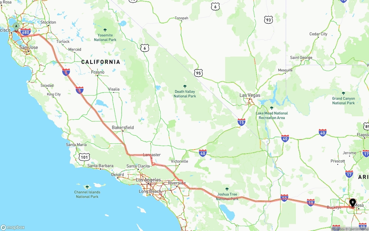 Shipping route from Oakland to Phoenix Sky Harbor International Airport