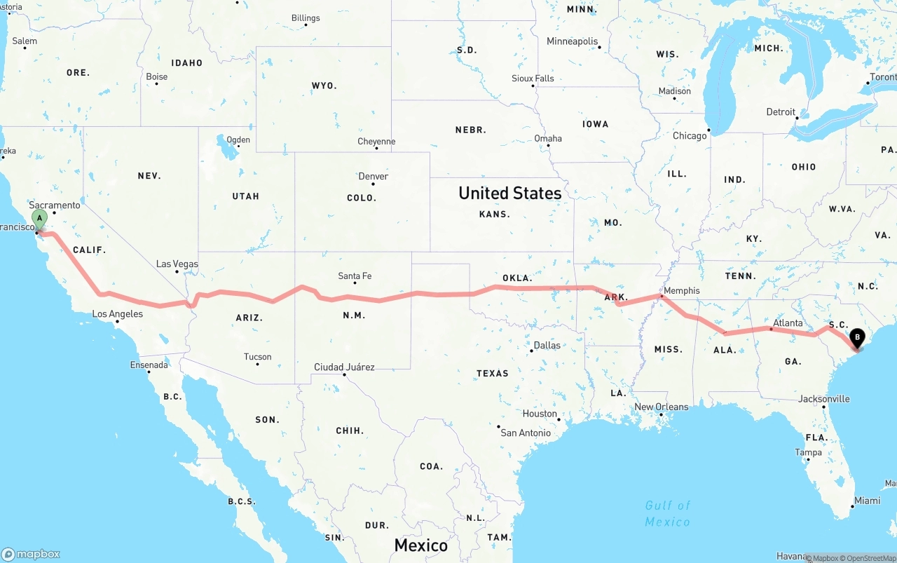 Shipping route from Oakland to Port of Charleston