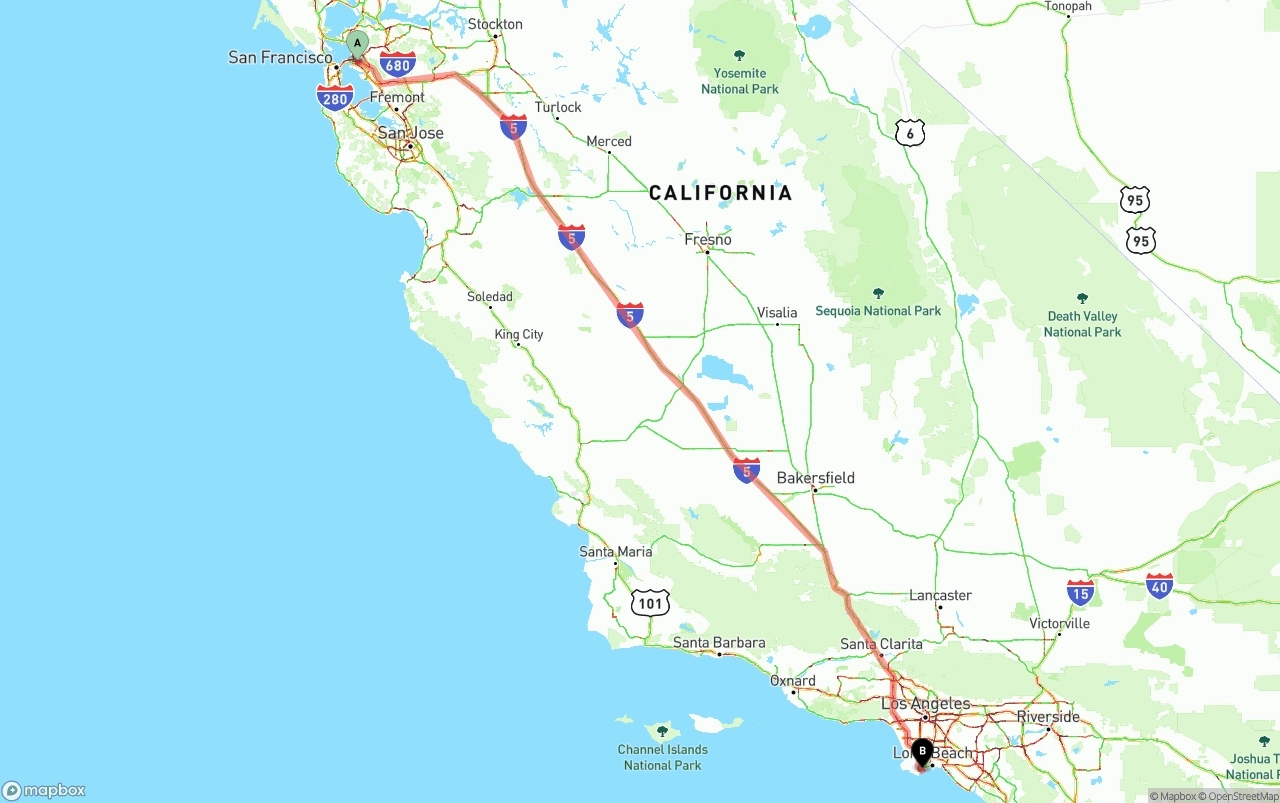 Shipping route from Oakland to Port of Los Angeles