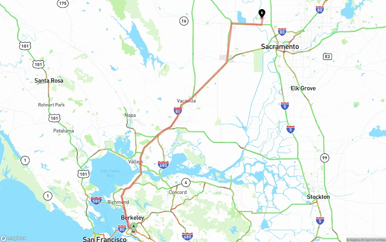 Shipping route from Oakland to Sacramento International Airport