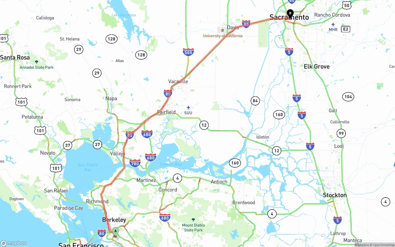 Shipping route from Oakland to Sacramento