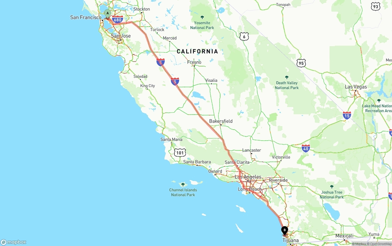 Shipping route from Oakland to San Diego International Airport