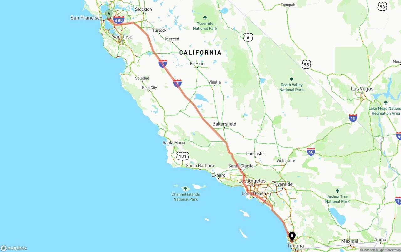 Shipping route from Oakland to San Diego