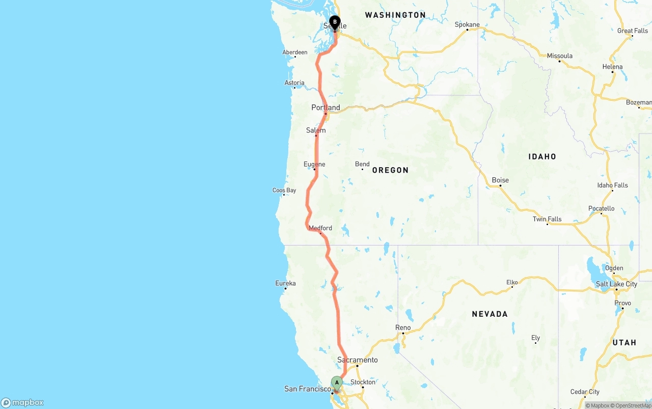 Shipping route from Oakland to Seattle