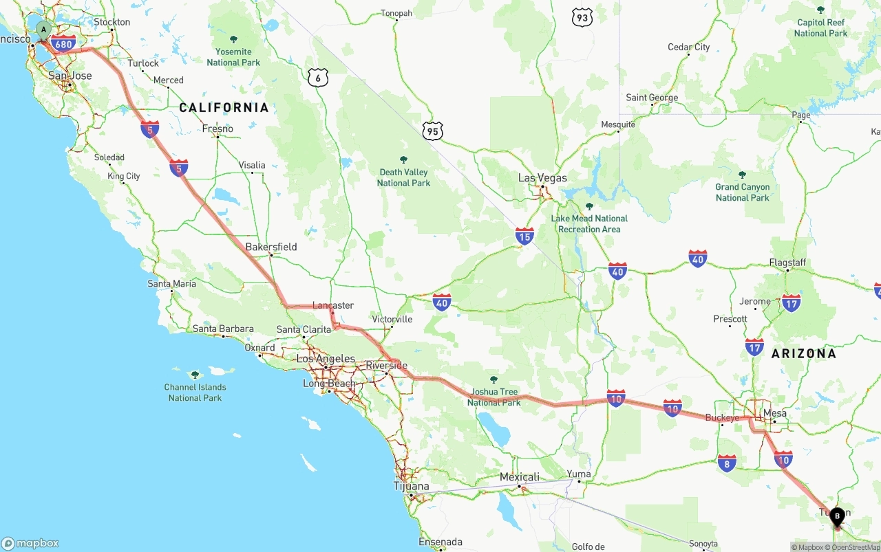 Shipping route from Oakland to Tucson International Airport