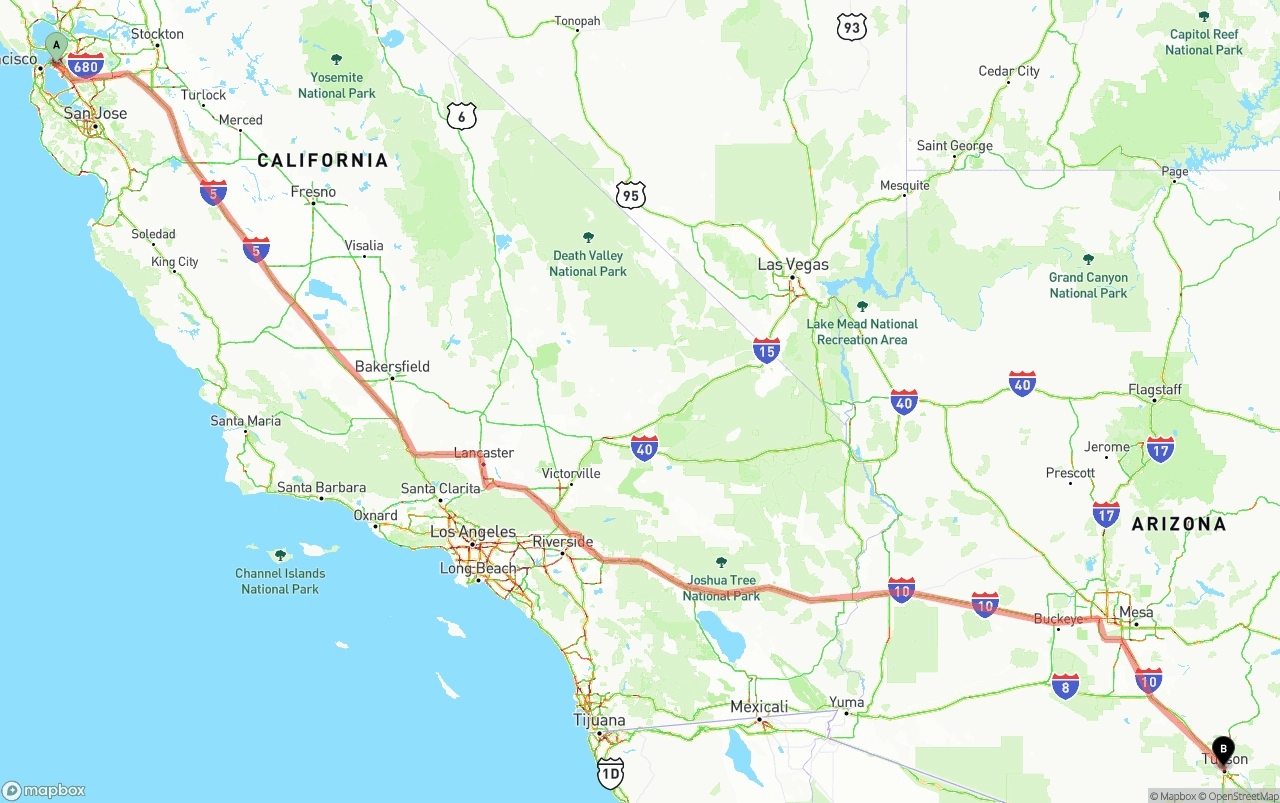 Shipping route from Oakland to Tucson