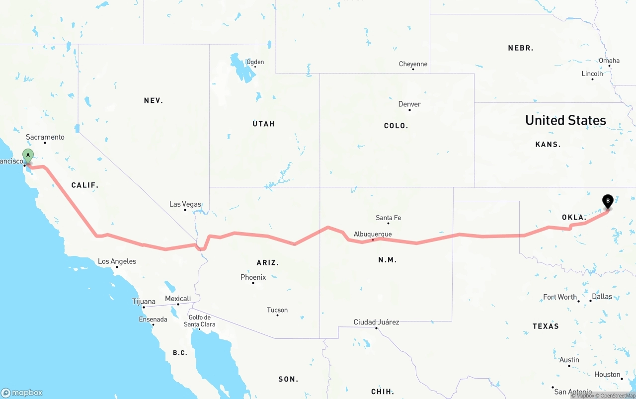 Shipping route from Oakland to Tulsa