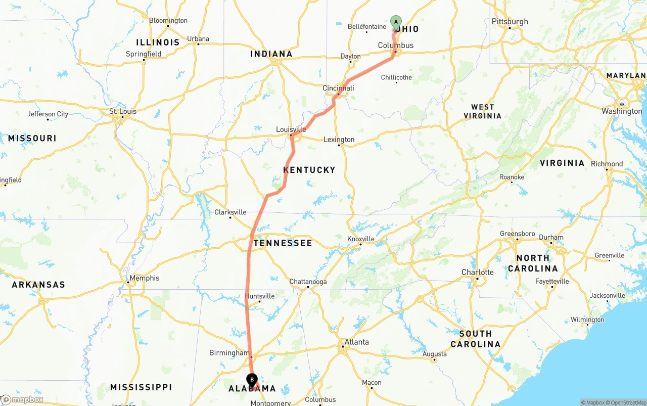 Shipping route from Ohio to Alabama