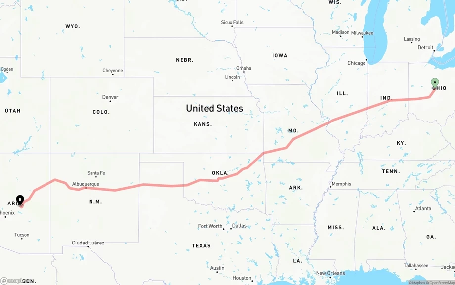 Ohio to Arizona freight shipping route map