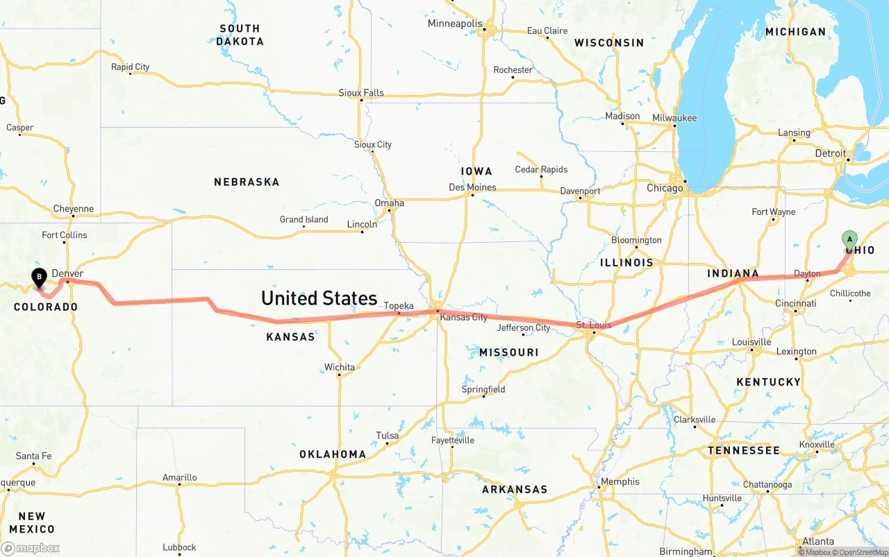 Shipping route from Ohio to Colorado
