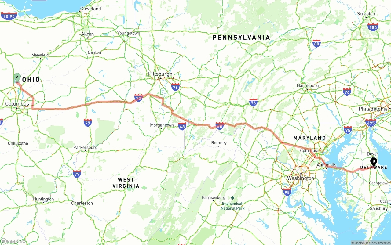 Shipping route from Ohio to Delaware