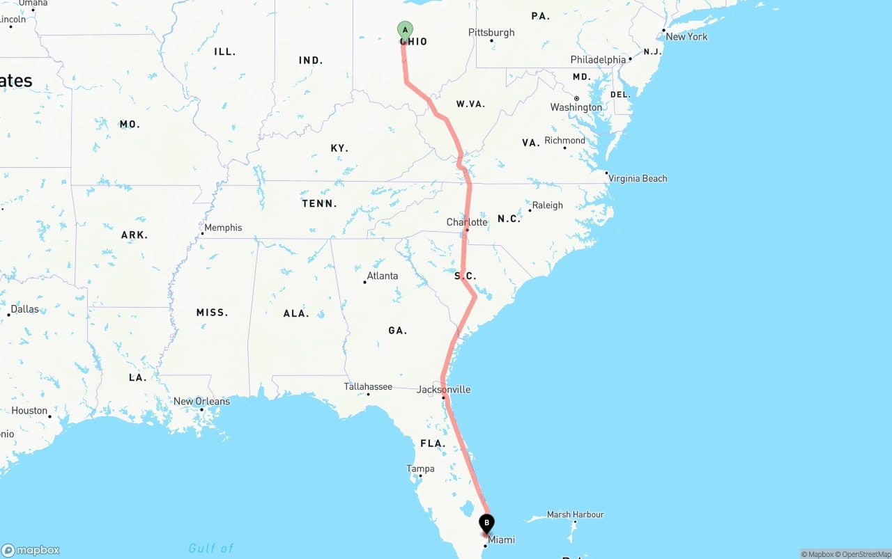 Shipping route from Ohio to Fort Lauderdale-Hollywood International Airport