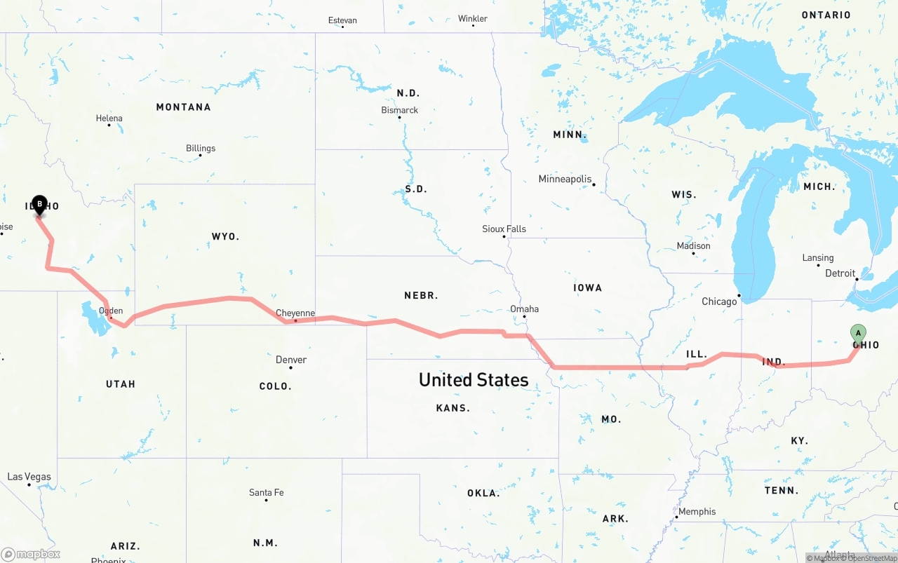 Shipping route from Ohio to Idaho