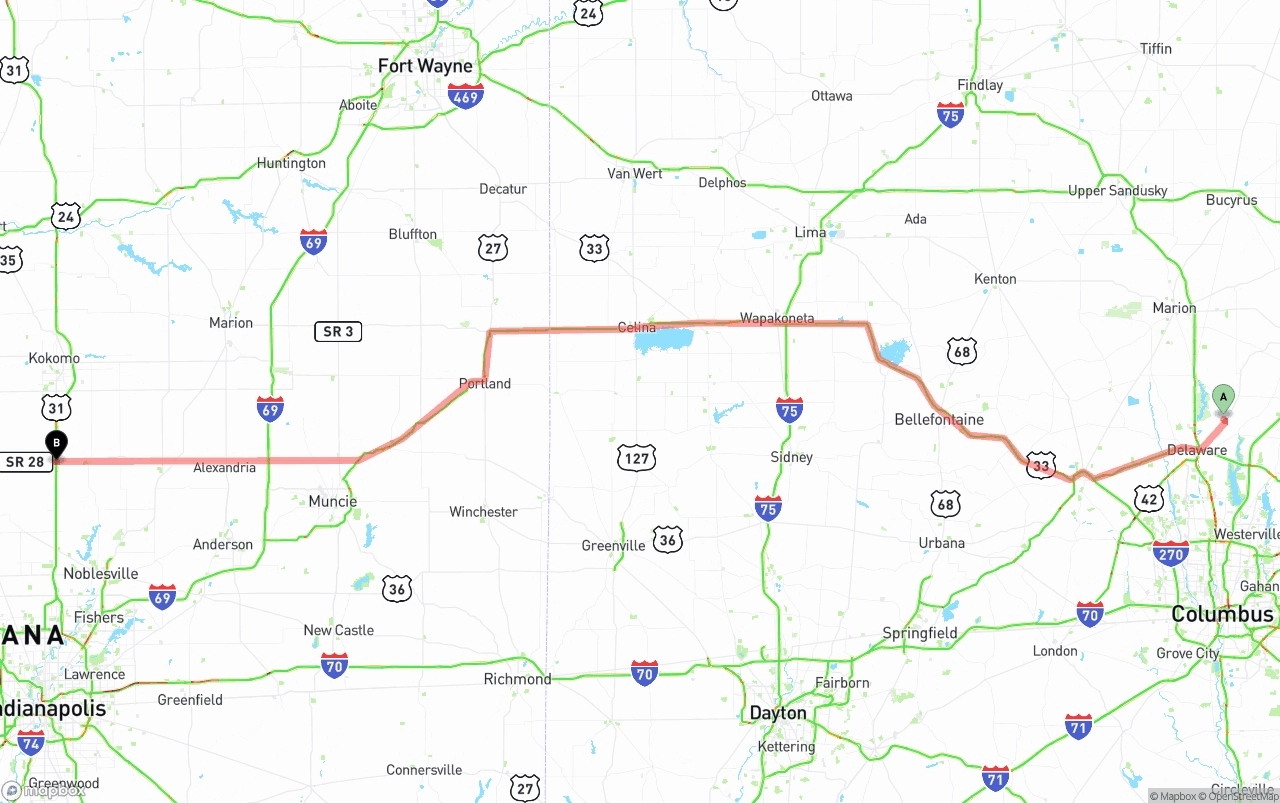 Shipping route from Ohio to Indiana