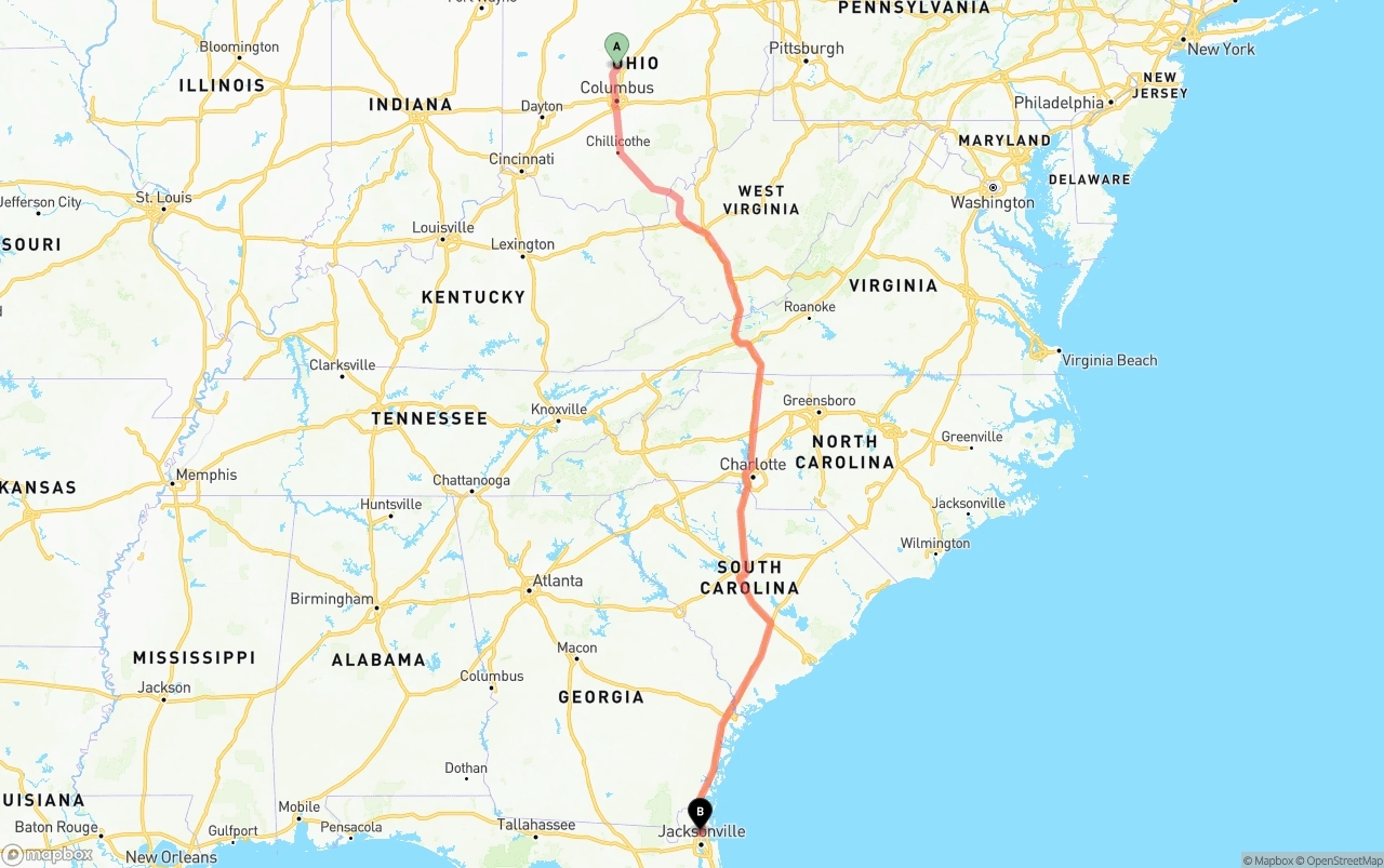 Shipping route from Ohio to Jacksonville International Airport
