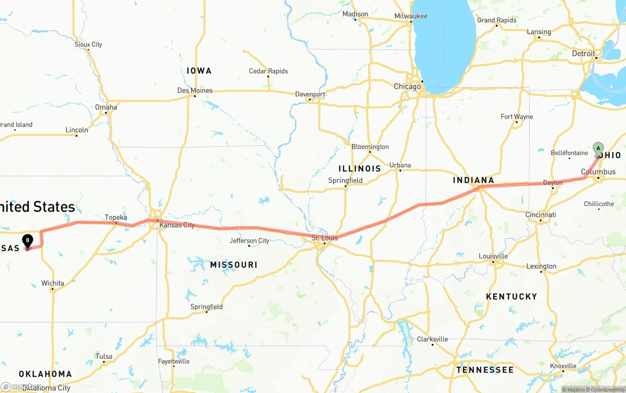 Shipping route from Ohio to Kansas