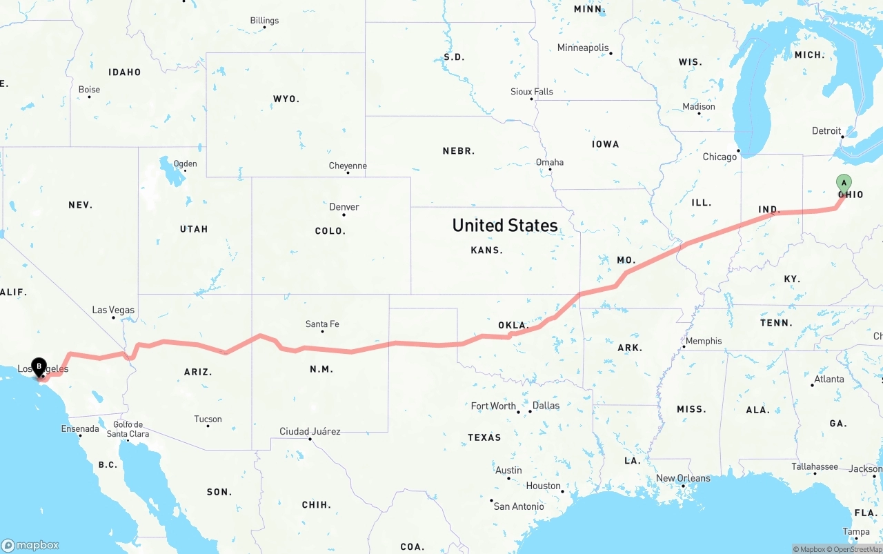 Shipping route from Ohio to Los Angeles International Airport
