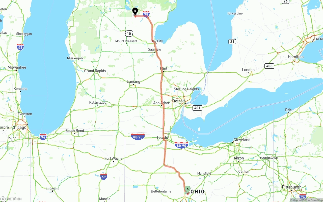 Shipping route from Ohio to Michigan