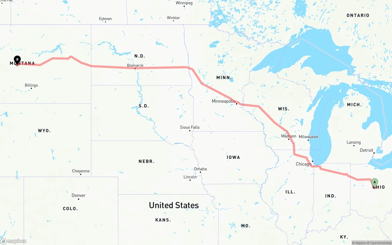 Shipping route from Ohio to Montana