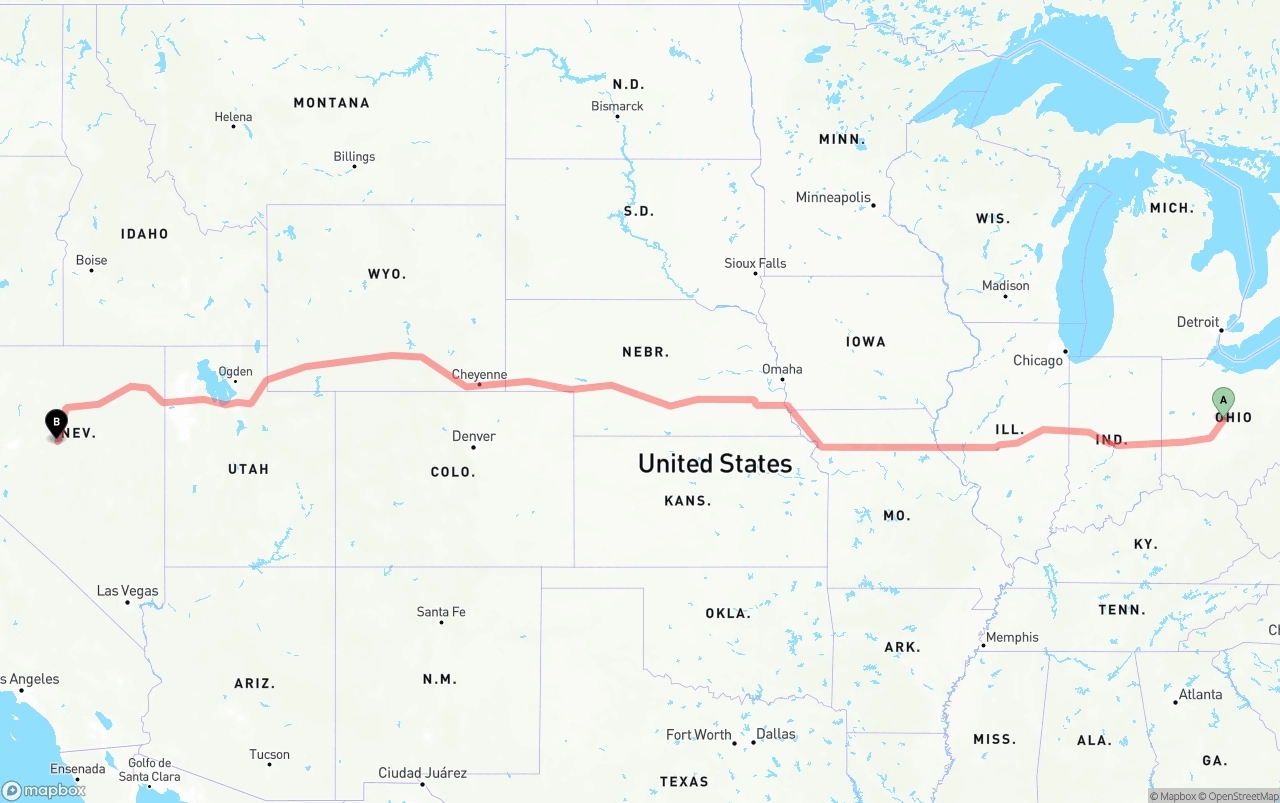 Shipping route from Ohio to Nevada