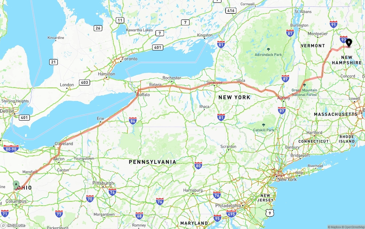 Shipping route from Ohio to New Hampshire