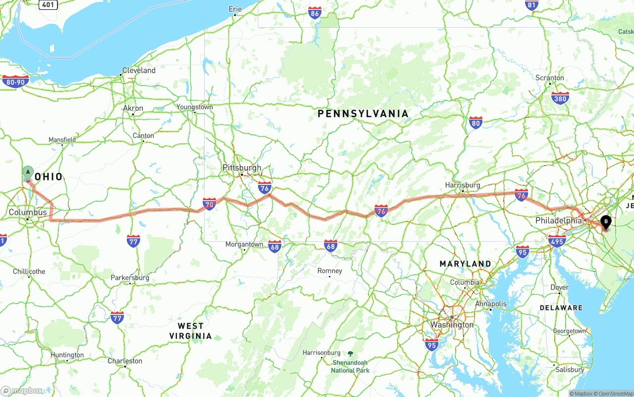 Shipping route from Ohio to New Jersey