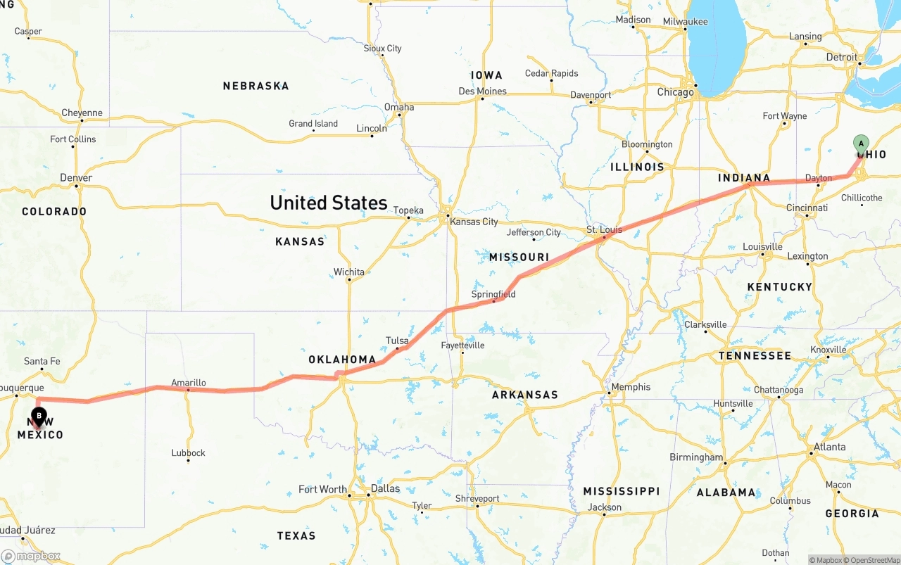 Shipping route from Ohio to New Mexico