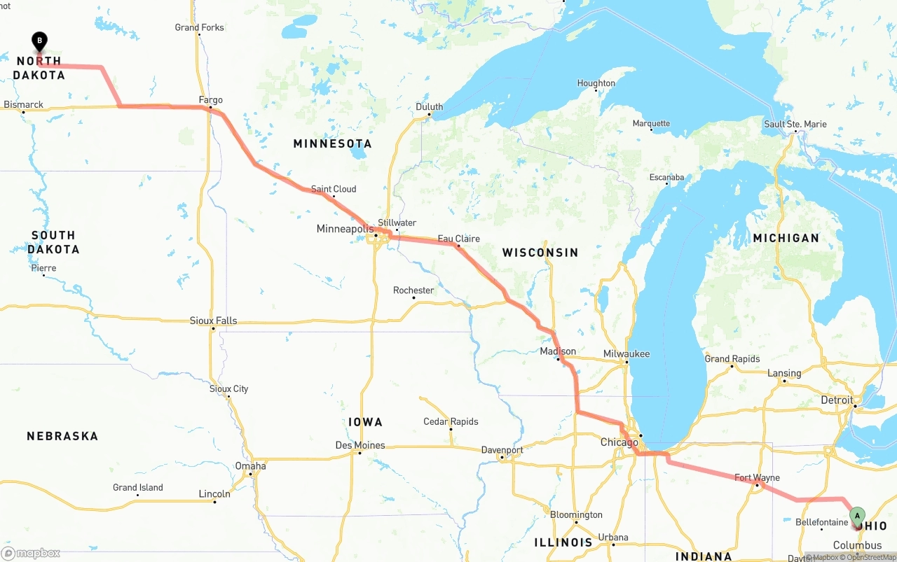 Shipping route from Ohio to North Dakota