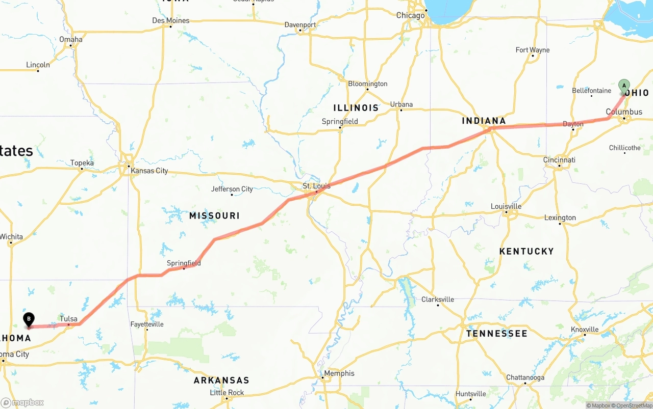 Shipping route from Ohio to Oklahoma