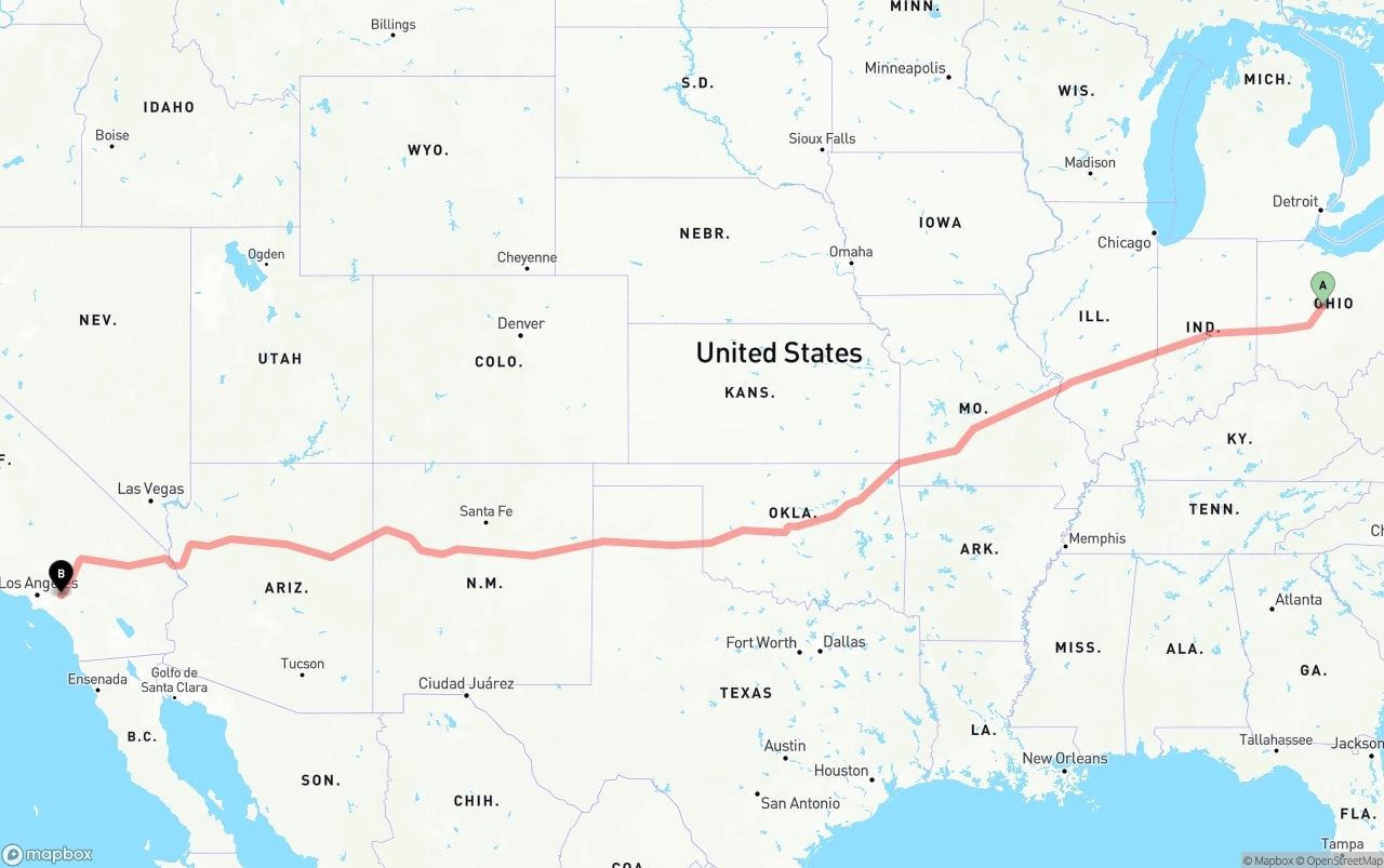 Shipping route from Ohio to Ontario International Airport