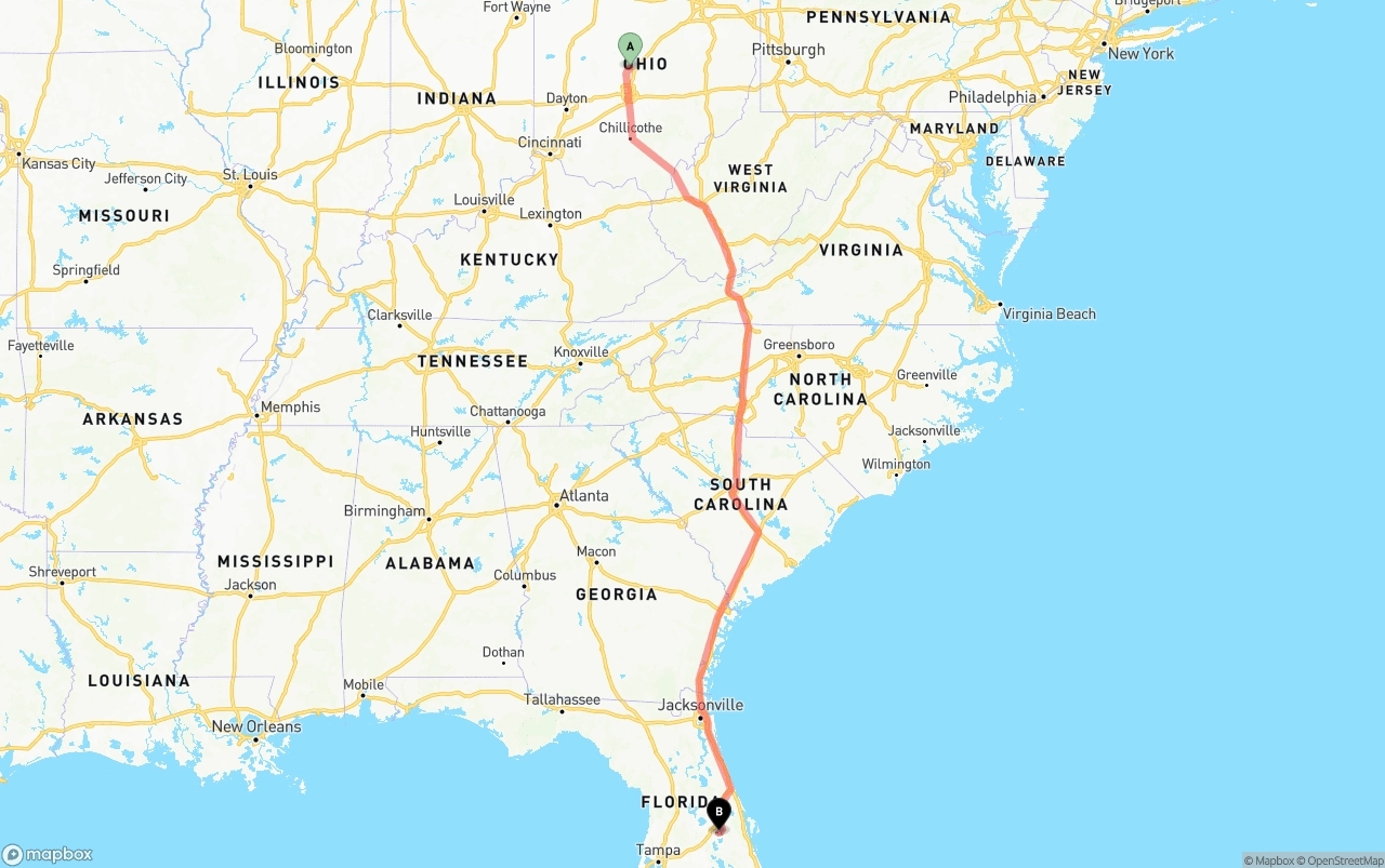 Shipping route from Ohio to Orlando International Airport