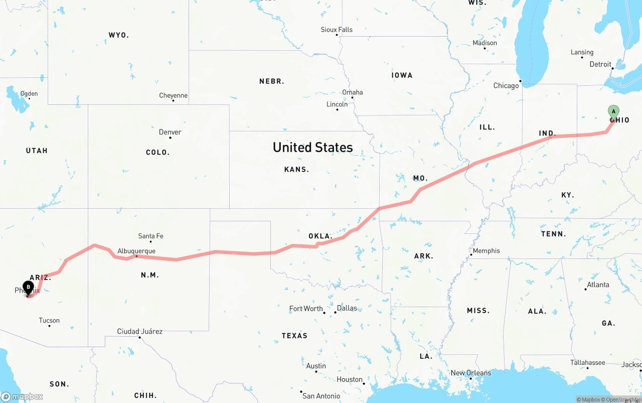 Shipping route from Ohio to Phoenix Sky Harbor International Airport