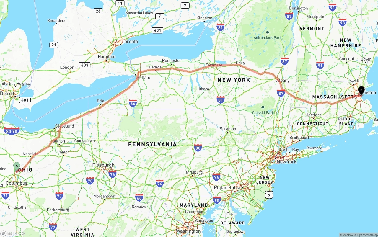 Shipping route from Ohio to Port of Boston