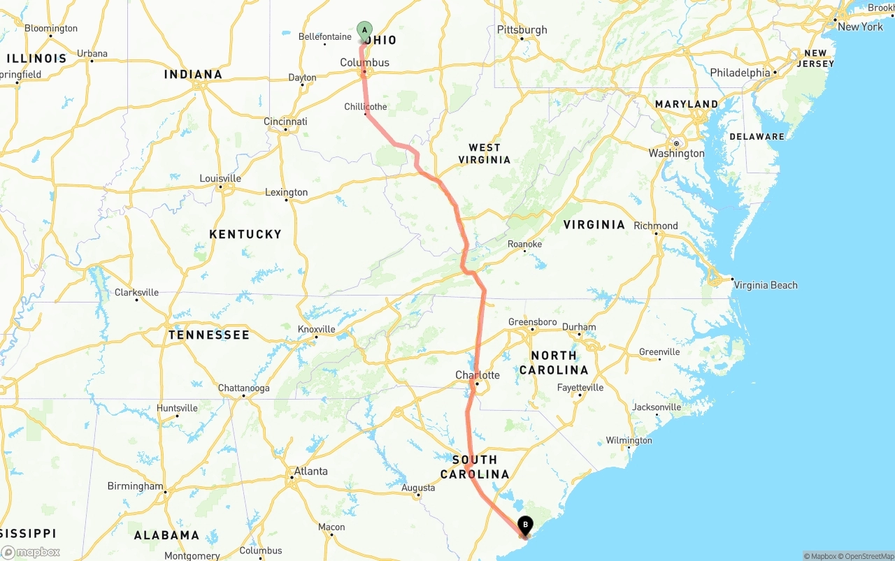 Shipping route from Ohio to Port of Charleston