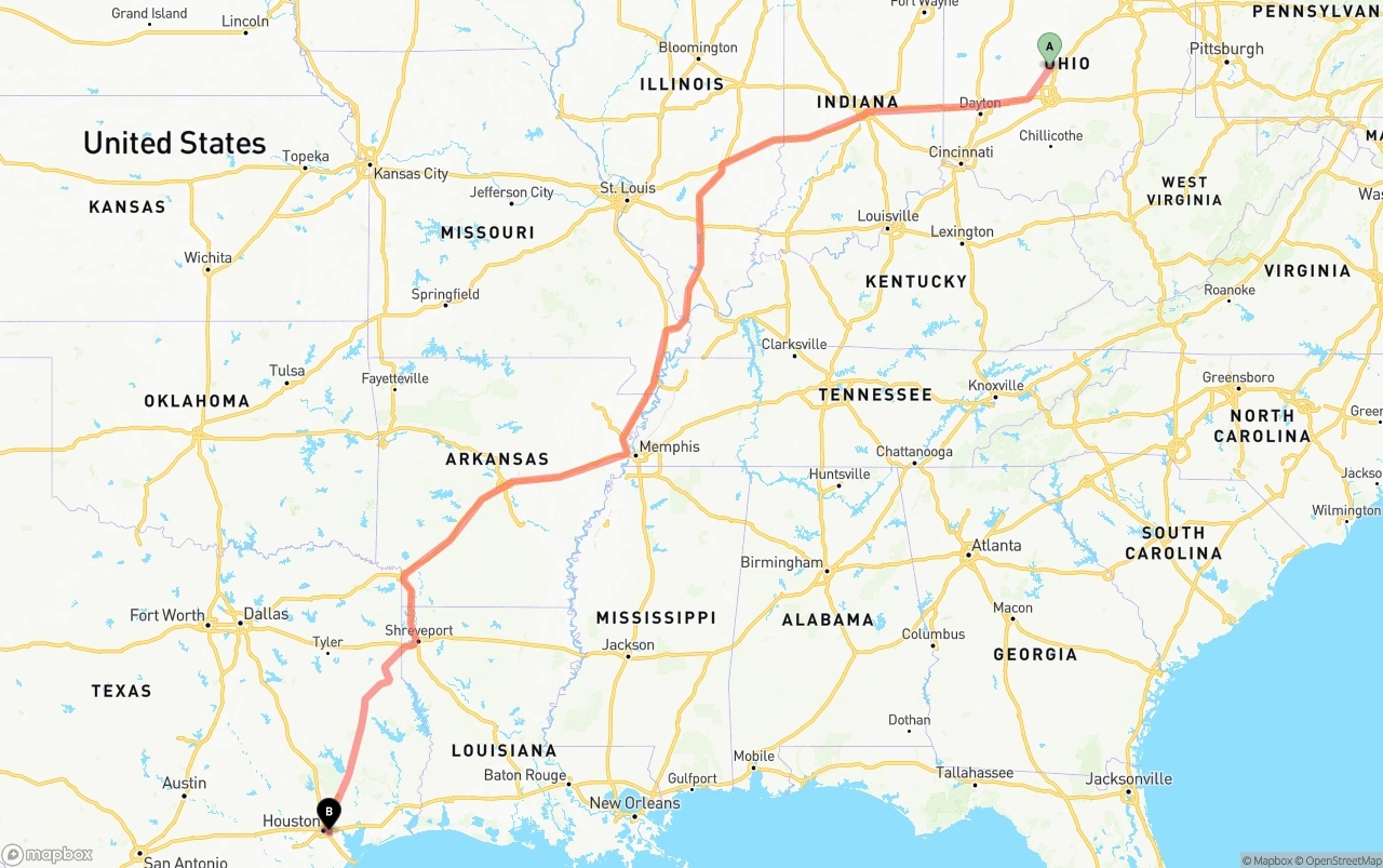 Shipping route from Ohio to Port of Houston