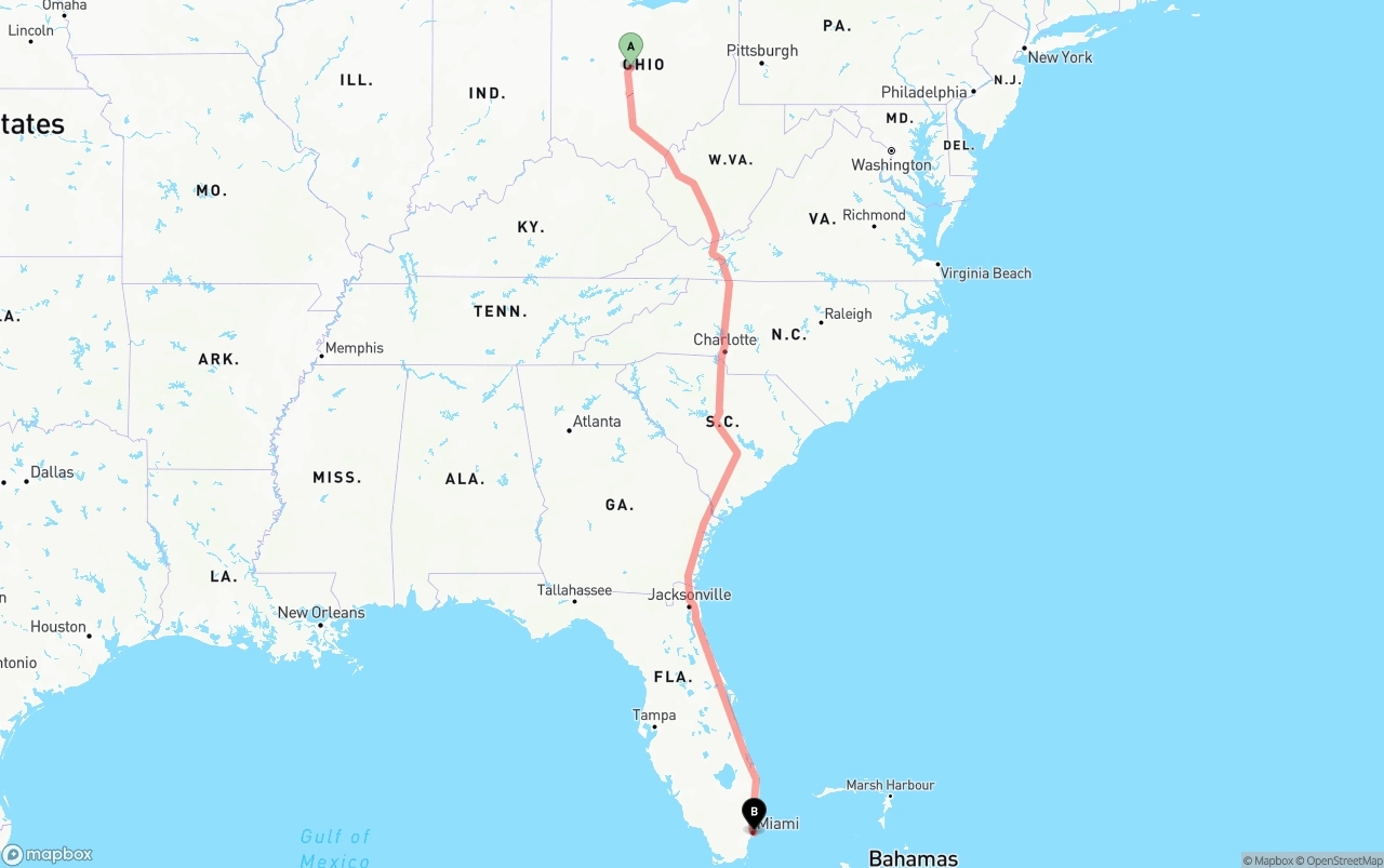 Shipping route from Ohio to Port of Miami