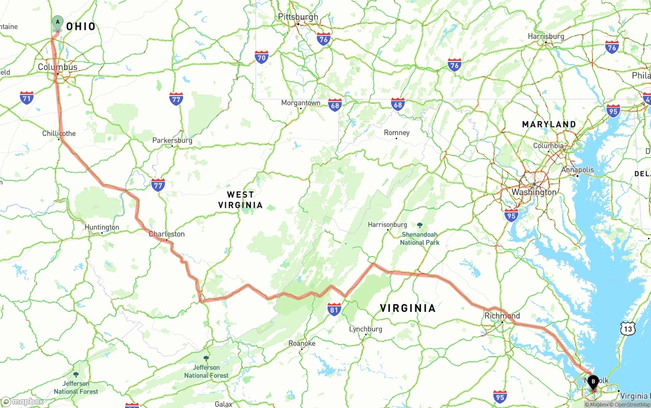Shipping route from Ohio to Port of Norfolk