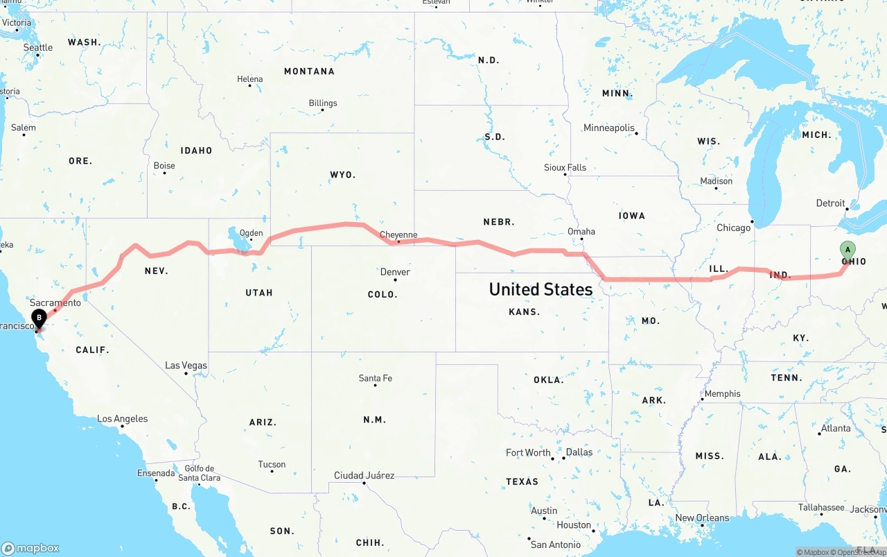 Shipping route from Ohio to Port of Oakland