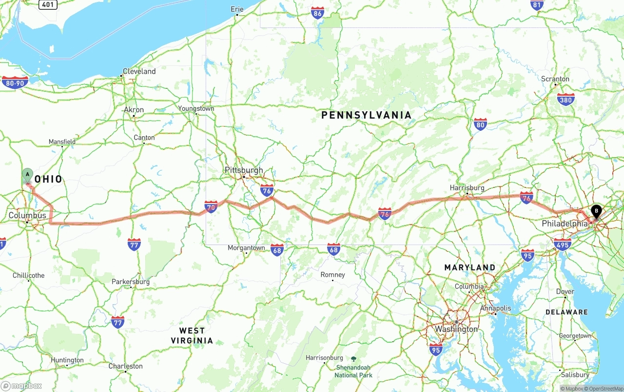 Shipping route from Ohio to Port of Philadelphia
