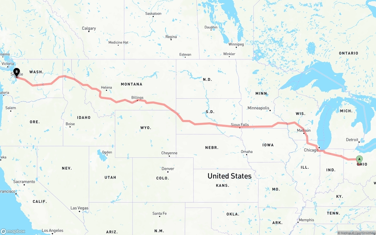 Shipping route from Ohio to Port of Seattle