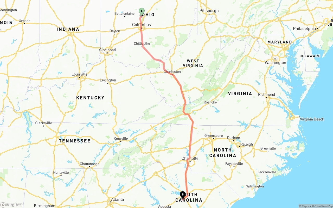Shipping route from Ohio to South Carolina