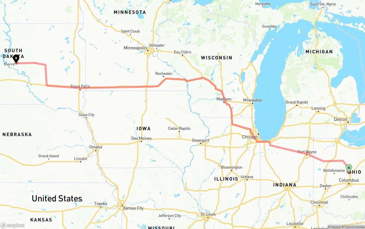 Shipping route from Ohio to South Dakota