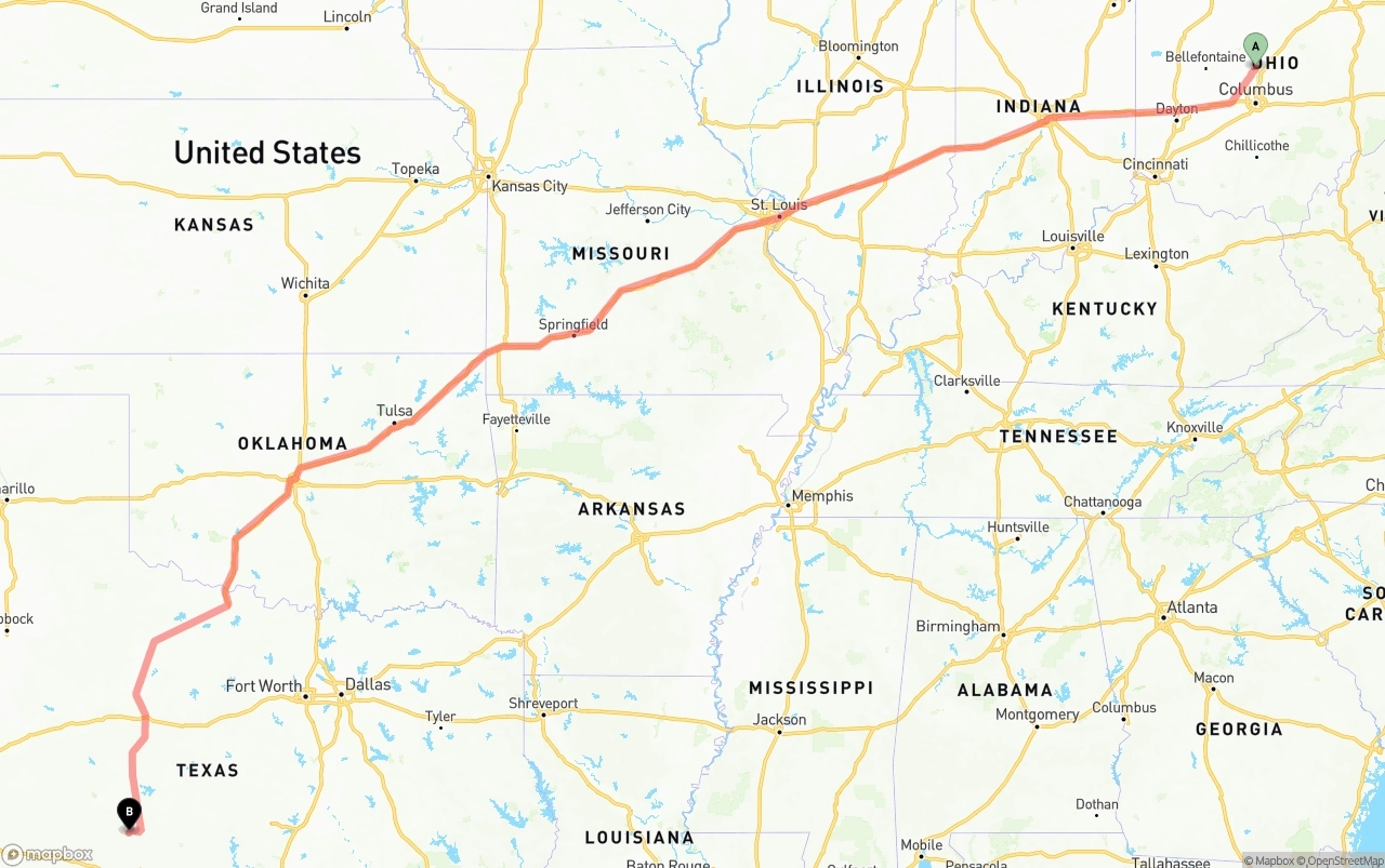 Shipping route from Ohio to Texas