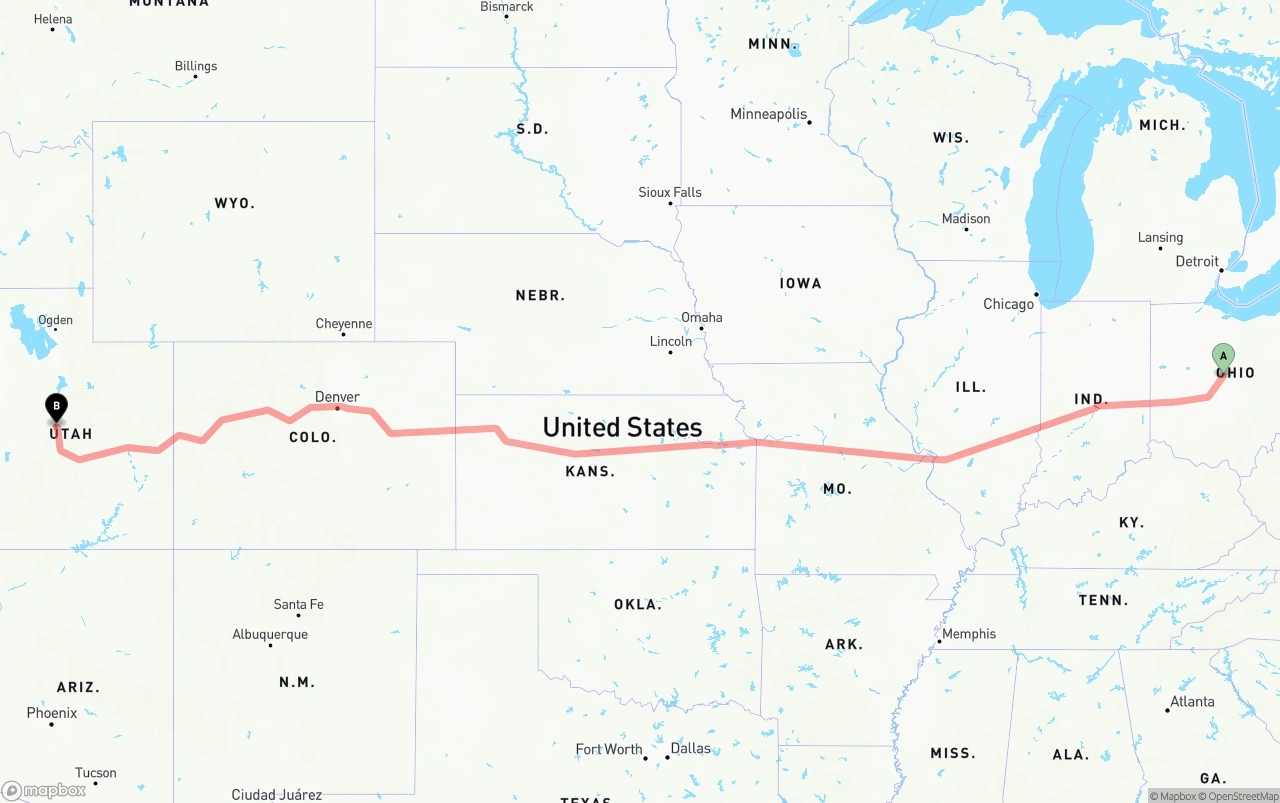 Shipping route from Ohio to Utah